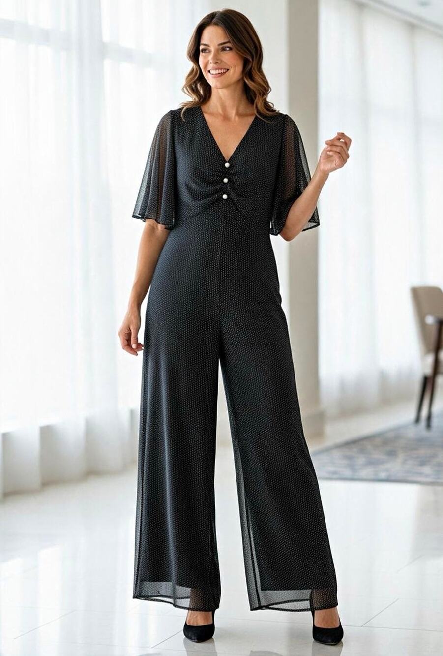L.K.Bennett Harlow Black/White Polka Dot Wide Leg V-Neck Jumpsuit Size 12 Chic